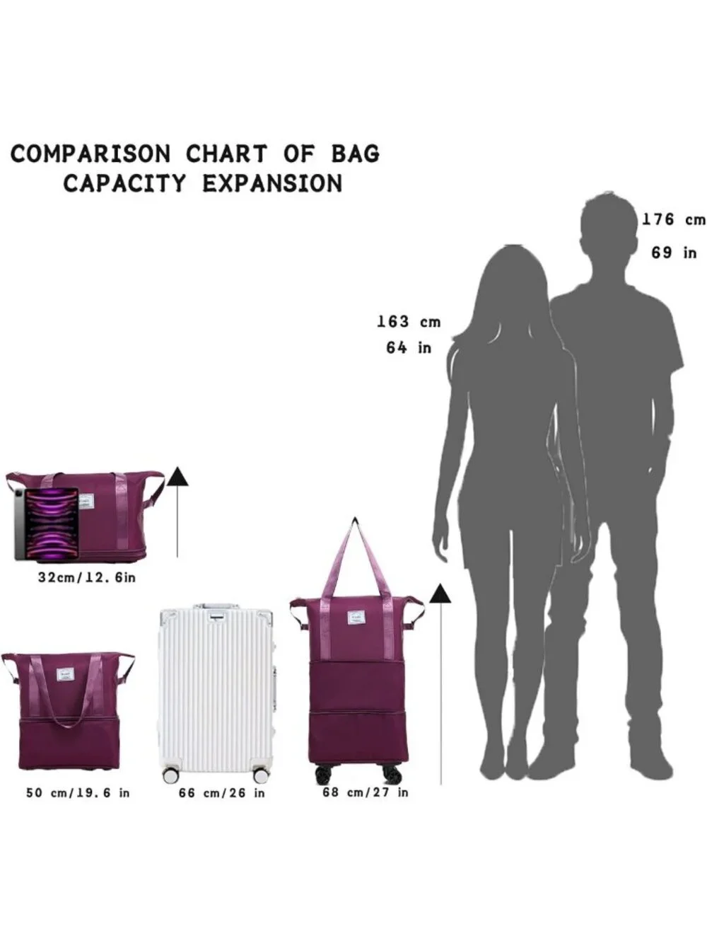 Expandable Rolling Duffel Bag with Removable Wheels - Travel Carry-On Luggage
